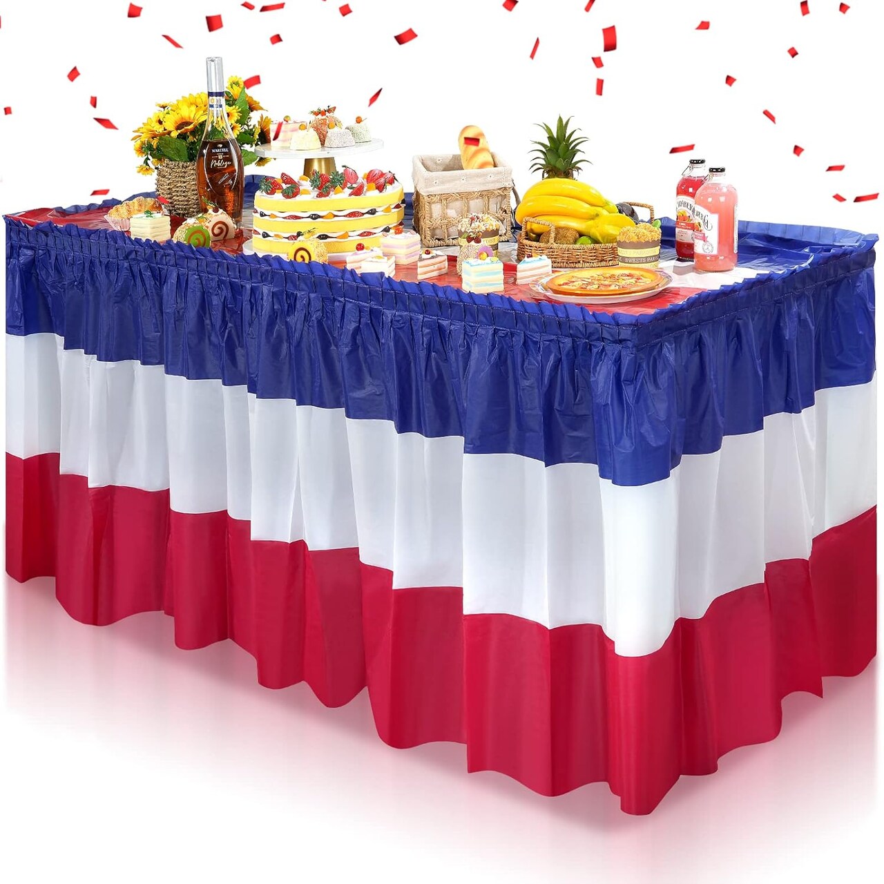 3-Pack 4th of July Plastic Table Skirts Decorations, Red, White & Blue Patriotic Disposable Table Skirts for Independence Day, Memorial Day & Veterans Day Parties, 2.4 x 14 ft